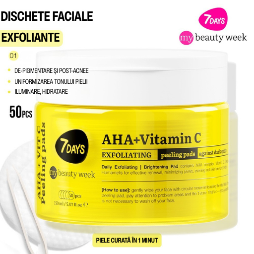 Dischete Faciale Exfoliante 7DAYS MBW AHA+Vitamina C Iluminare 50 buc 150ml