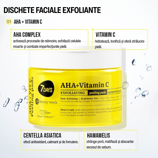 Dischete Faciale Exfoliante 7DAYS MBW AHA+Vitamina C Iluminare 50 buc 150ml